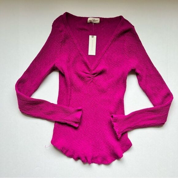Anthropologie T.la Cinched V-Neck Ribbed Top Pink Rose Size Medium NWT - Picture 3 of 8